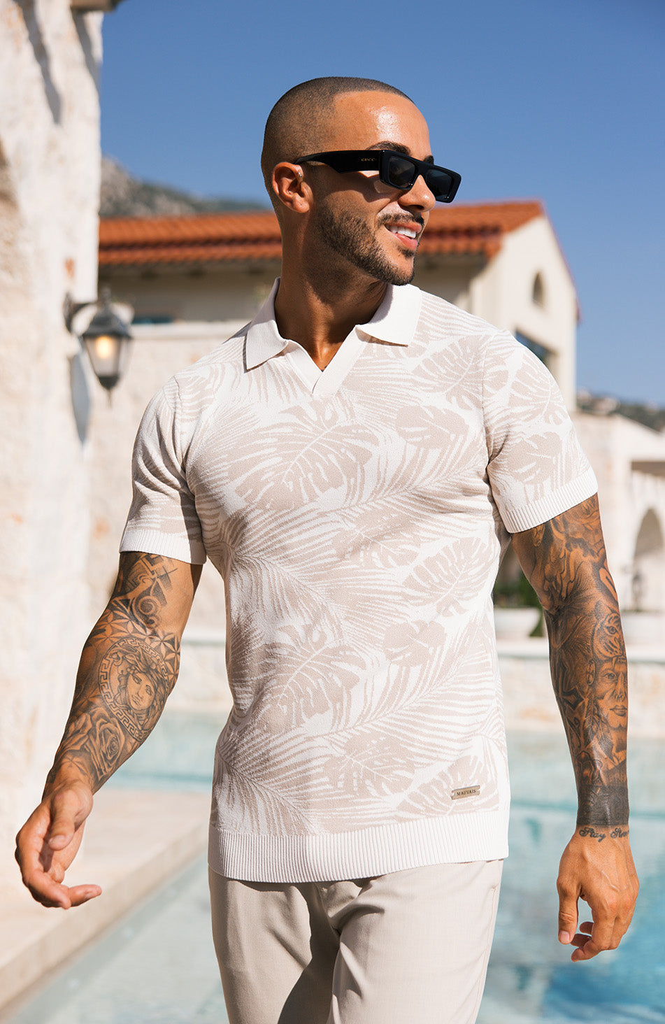 Palmas Jacquard Leaf Knit Polo in Beige