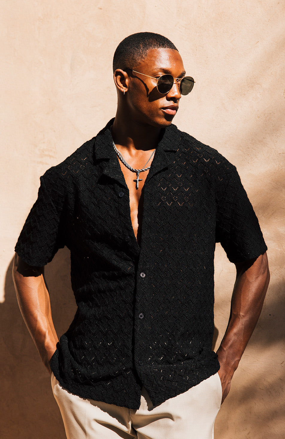 Moreno Relaxed Fit Lightweight Crochet Shirt in Black