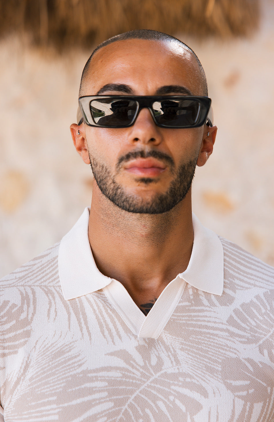 Palmas Jacquard Leaf Knit Polo in Beige