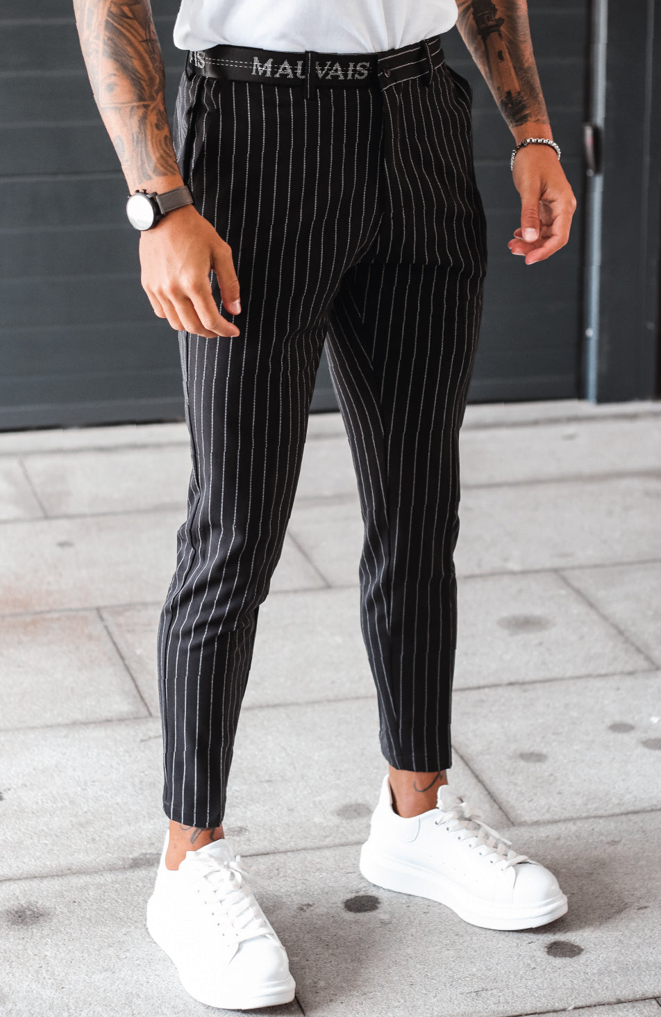 Signature Half Belt Trousers in Black Pinstripe