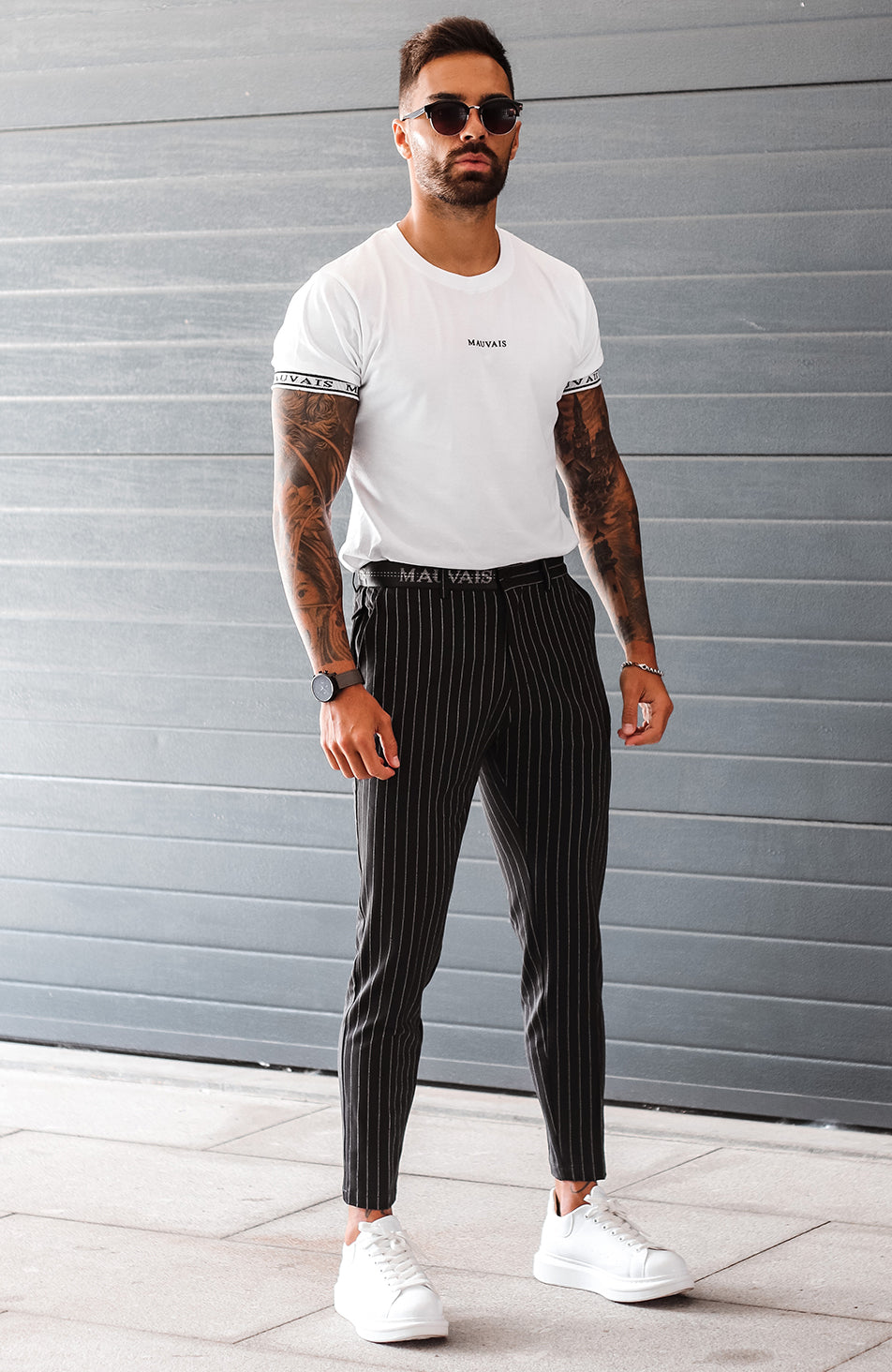 Signature Half Belt Trousers in Black Pinstripe