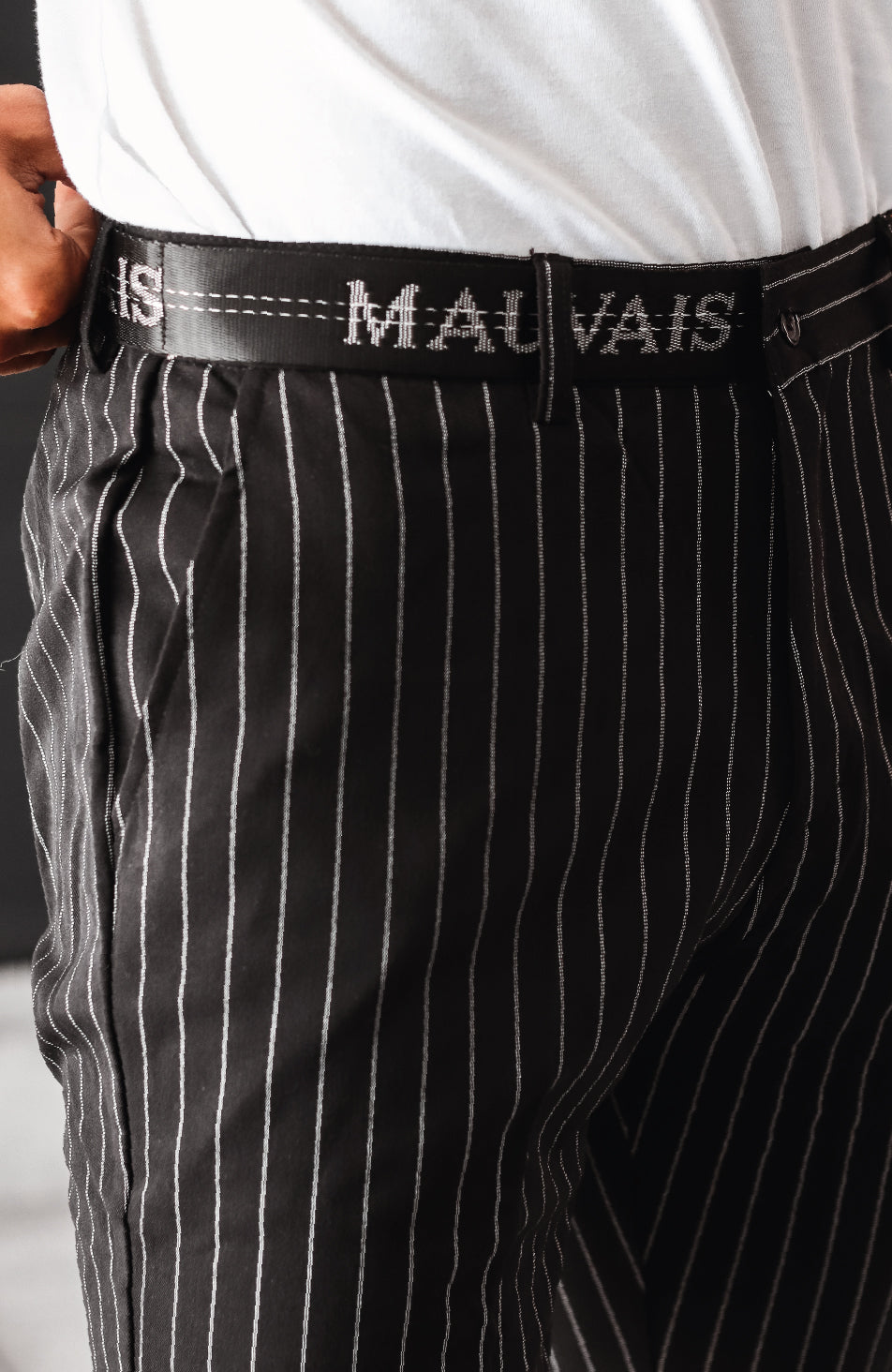 Signature Half Belt Trousers in Black Pinstripe