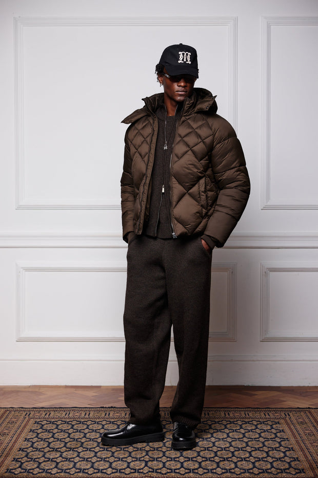 Verbier Puffer Jacket in Brown with Montreux Knit Zip-Up and Jogger, In Residence