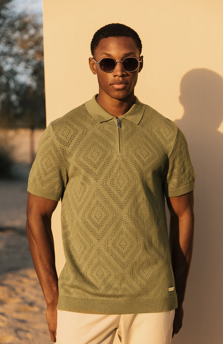 Chalbi Slim Fit Knit Pointelle Zip Polo in Green