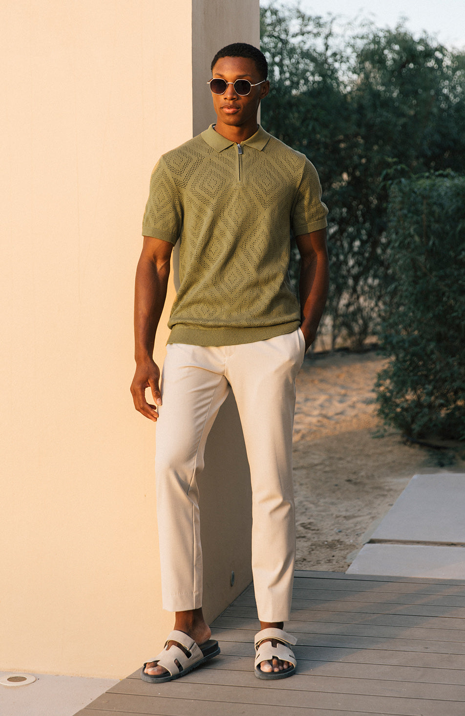 Chalbi Slim Fit Knit Pointelle Zip Polo in Green