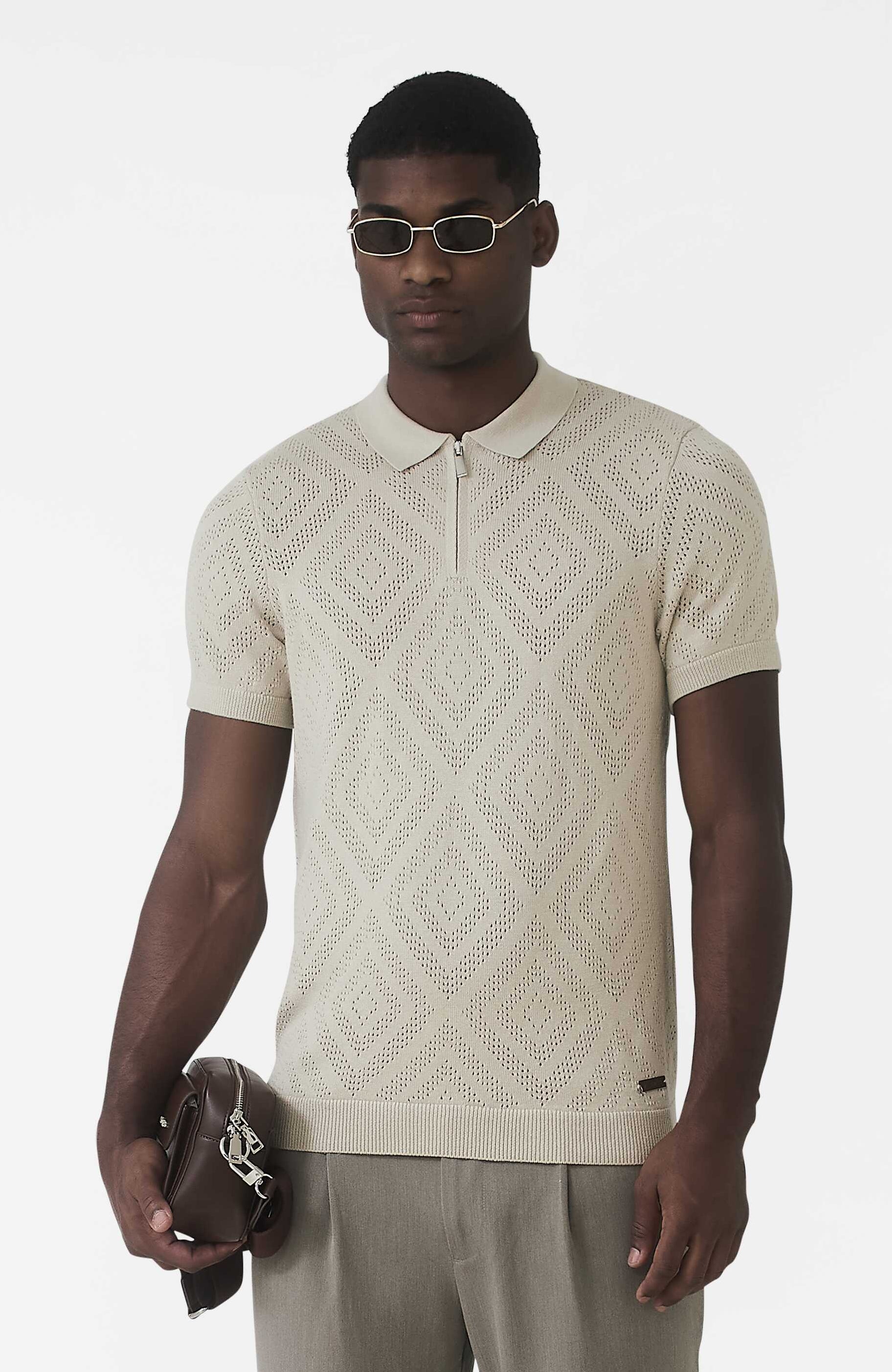 Chalbi Slim Fit Knit Pointelle Zip Polo in Beige