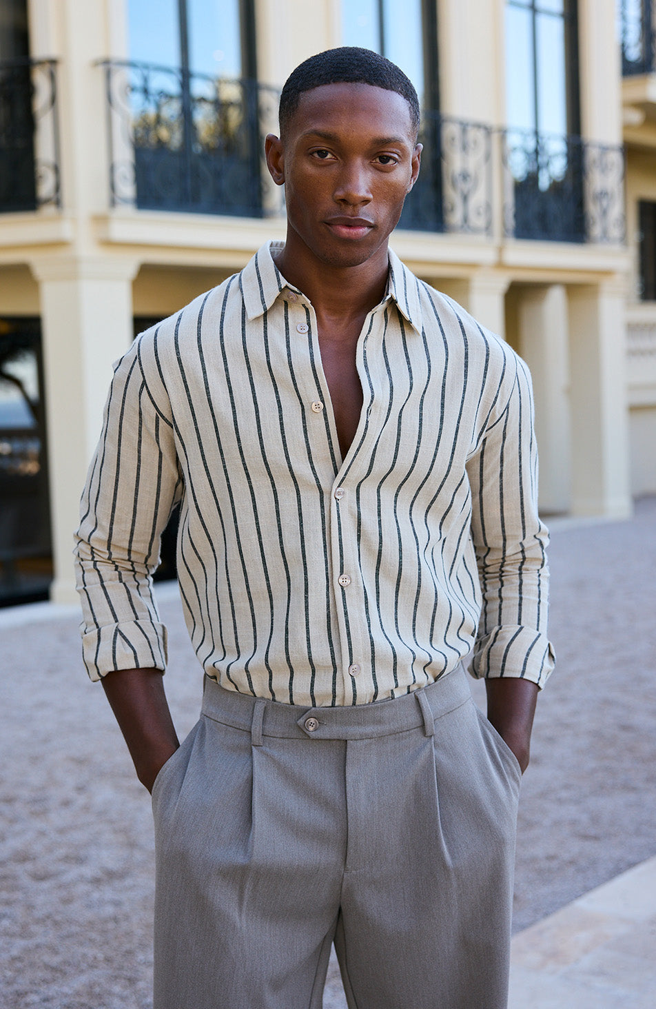 Arienzo Long Sleeve Stripe Shirt in Beige