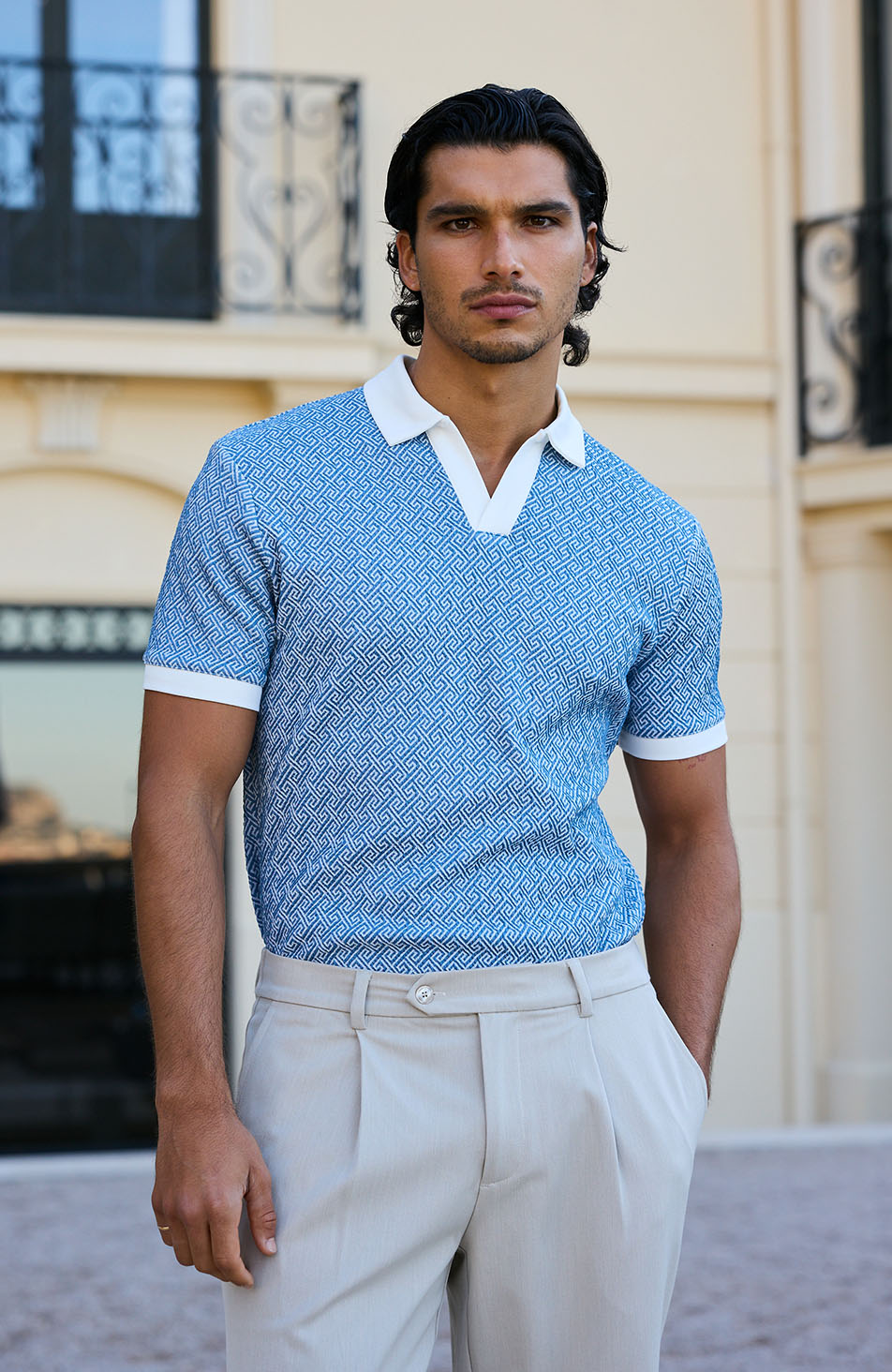 Calvi Swirl Geo Jacquard Slim Polo in Blue