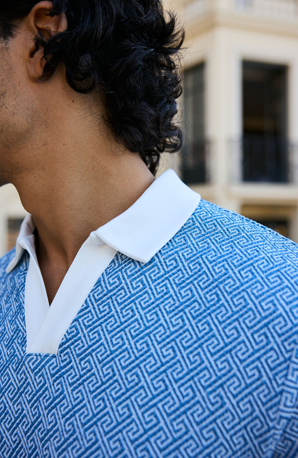 Calvi Swirl Geo Jacquard Slim Polo in Blue