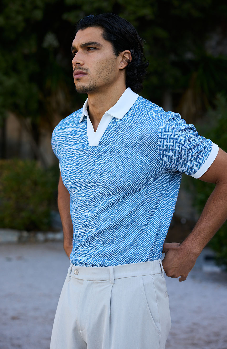 Calvi Swirl Geo Jacquard Slim Polo in Blue