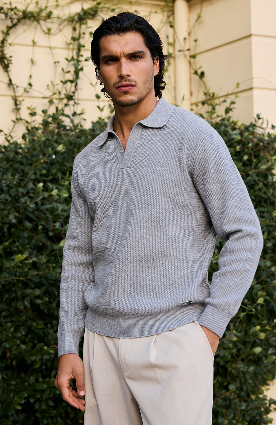 Dolce Relaxed Fit Long Sleeve Revere Jumper in Grey