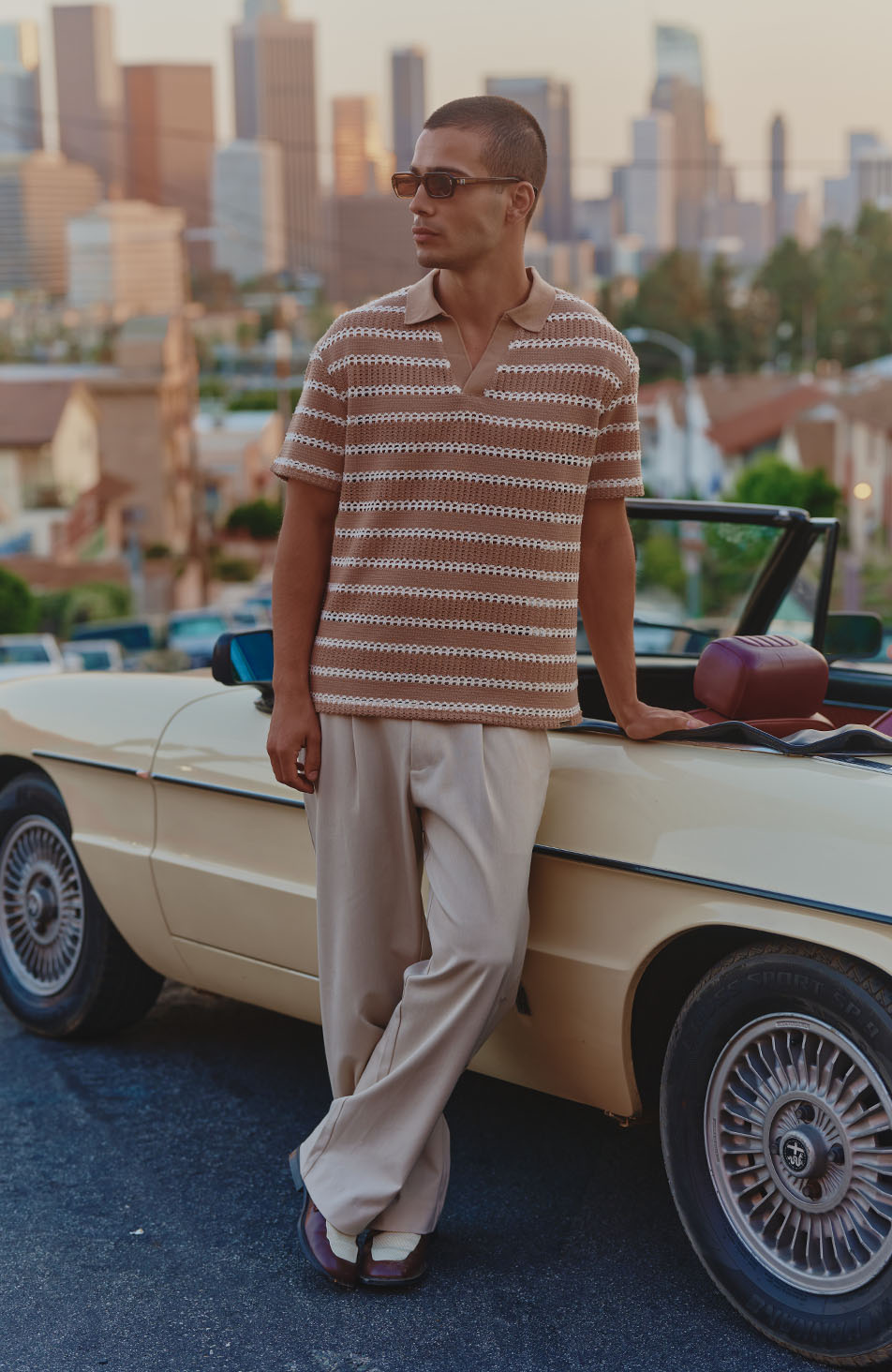 Romano Boxy Stripe Polo in Taupe