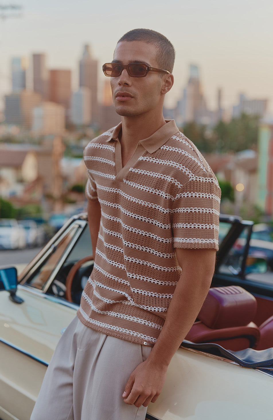 Romano Boxy Stripe Polo in Taupe