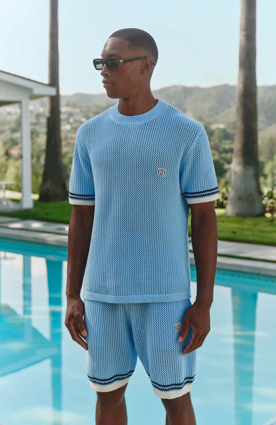 Malibu Cotton Short Sleeve Crochet T-shirt in Blue