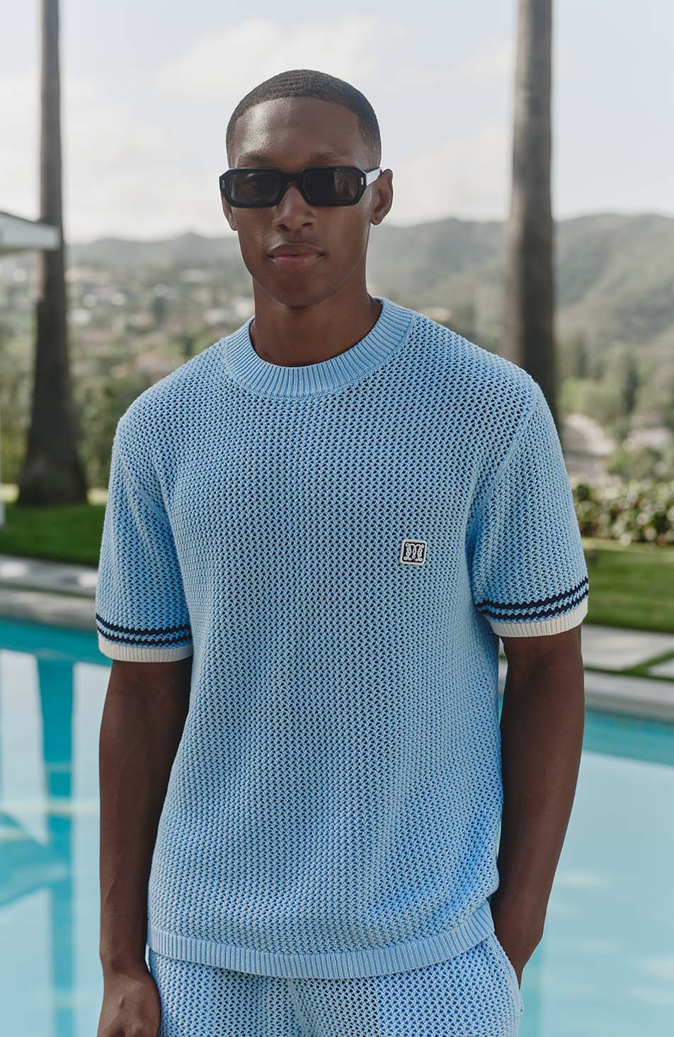 Malibu Cotton Short Sleeve Crochet T-shirt in Blue