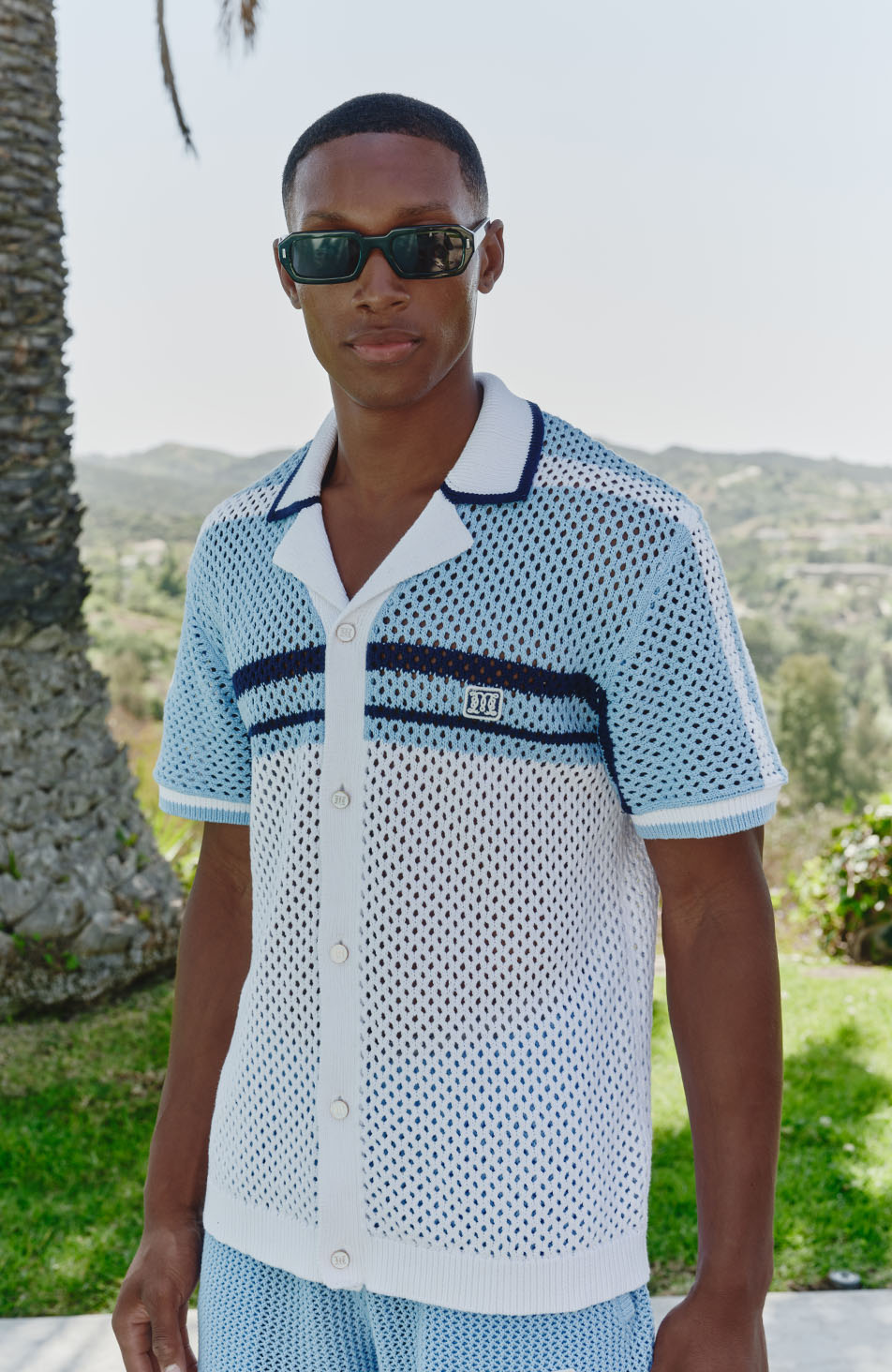 Malibu Cotton Short Sleeve Crochet Shirt in Blue and White