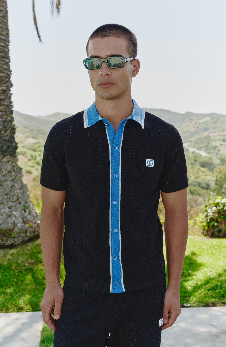 Marmont Pointelle Knitted Short Sleeve Shirt in Black