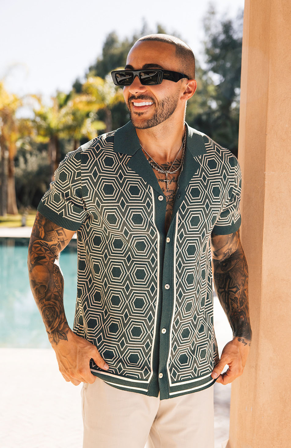 Monica Slim Geo Patterned Knit Shirt in Green