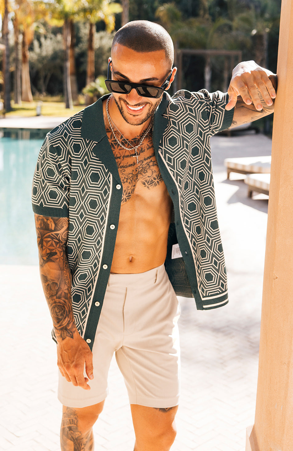 Monica Slim Geo Patterned Knit Shirt in Green