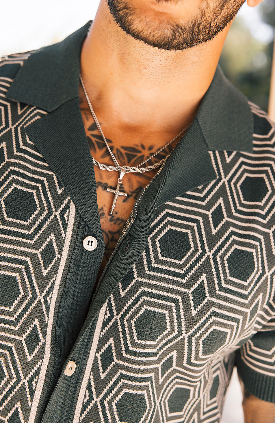 Monica Slim Geo Patterned Knit Shirt in Green