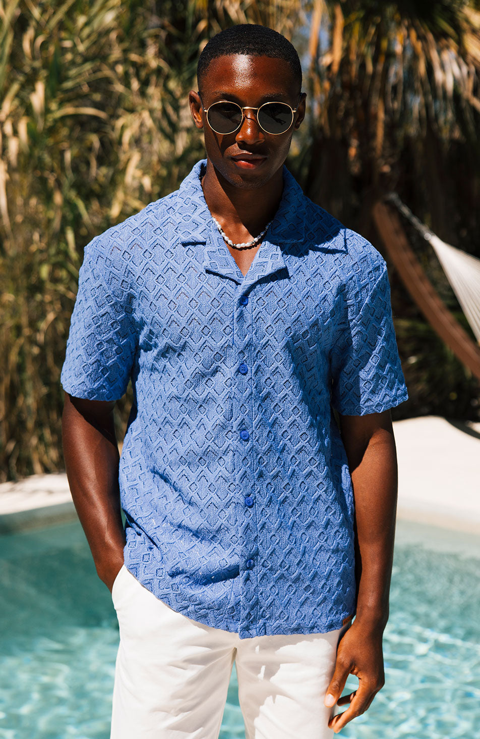 Moreno Relaxed Fit Lightweight Crochet Shirt in Blue