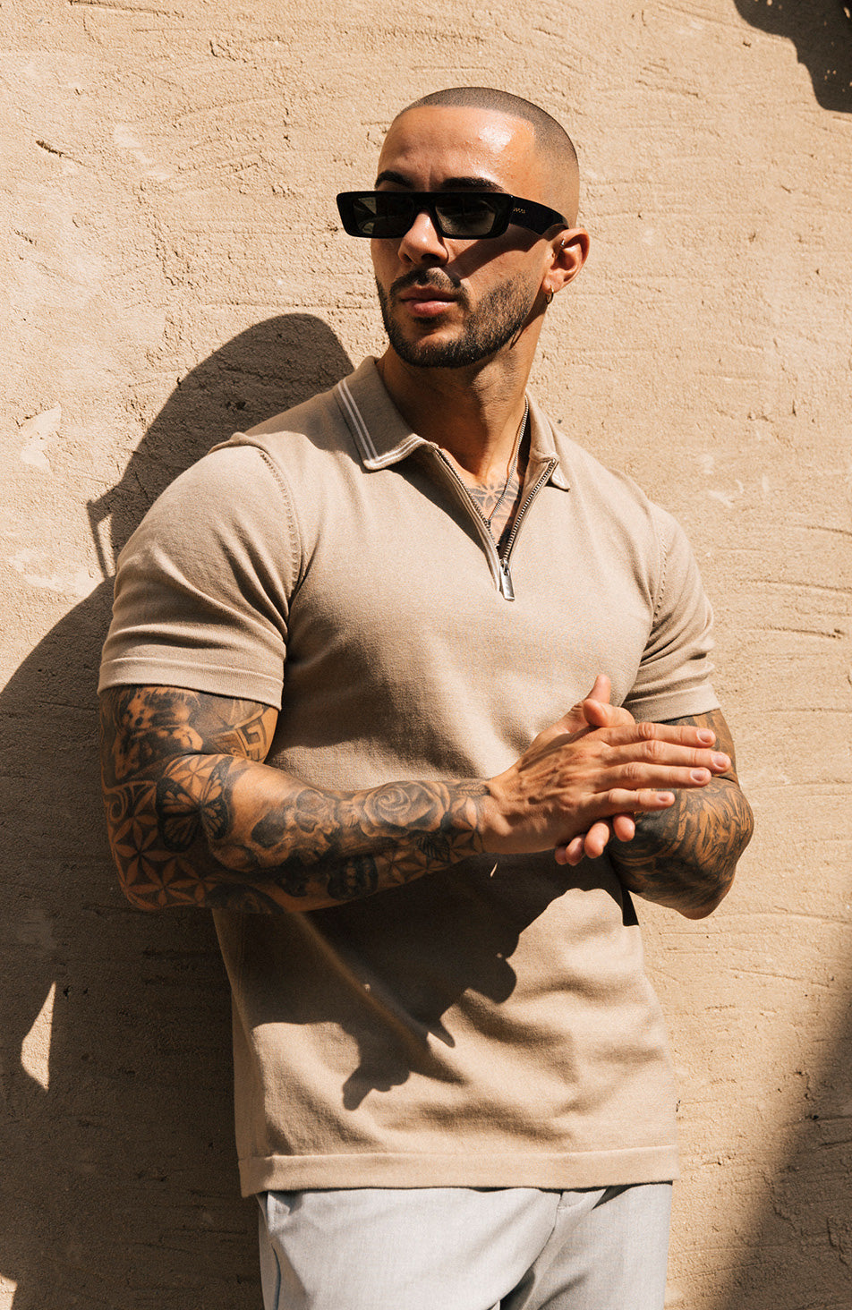 Newbury Slim Zip Knit Polo in Taupe