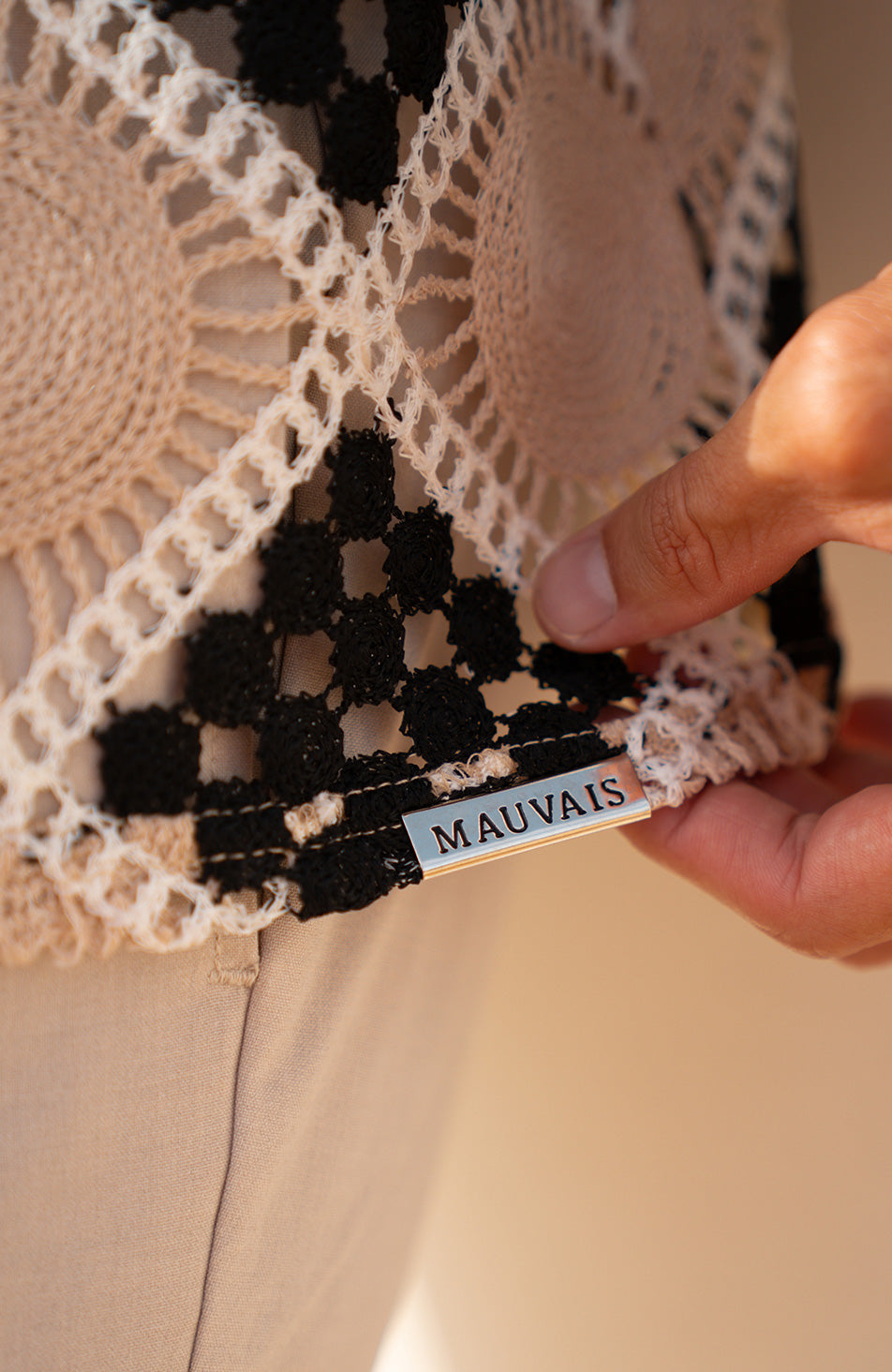 Paraiso Square Crochet Style Shirt in Taupe and Black