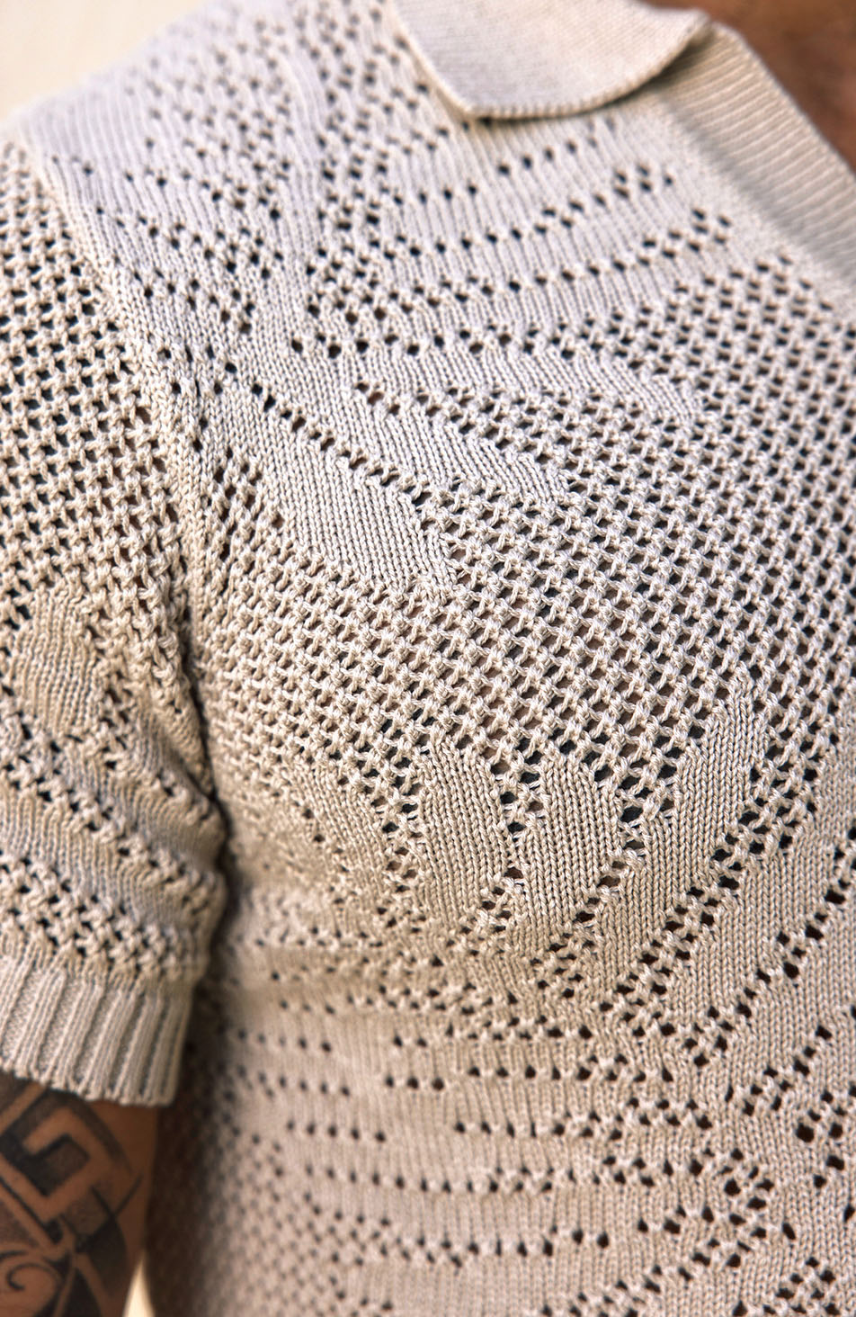 Tropics Relaxed Fit Crochet Knit Polo in Beige