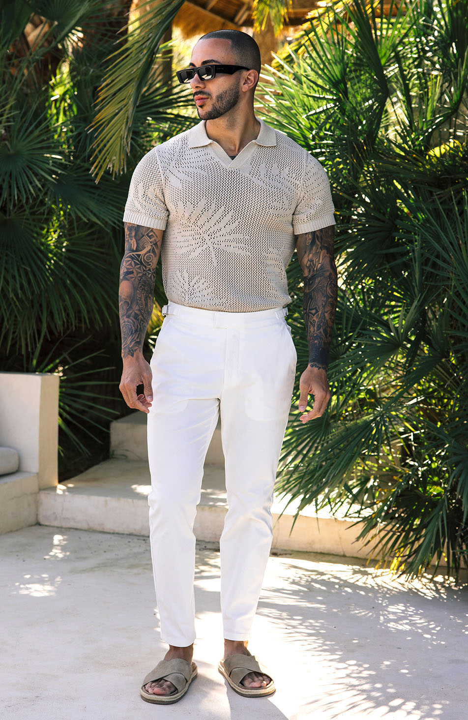 Tropics Relaxed Fit Crochet Knit Polo in Beige