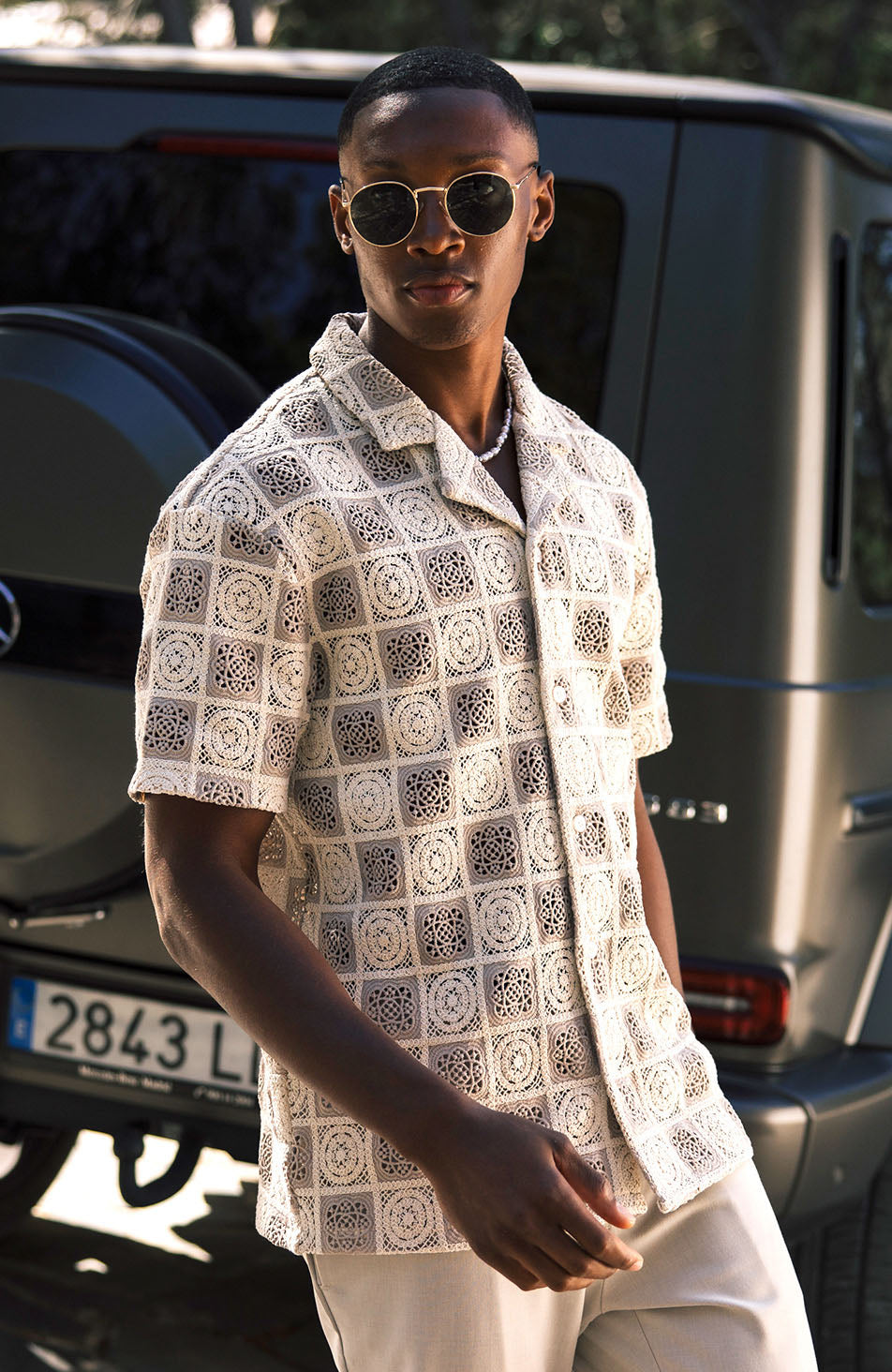 Tulum Relaxed Checked Crochet Shirt in Beige