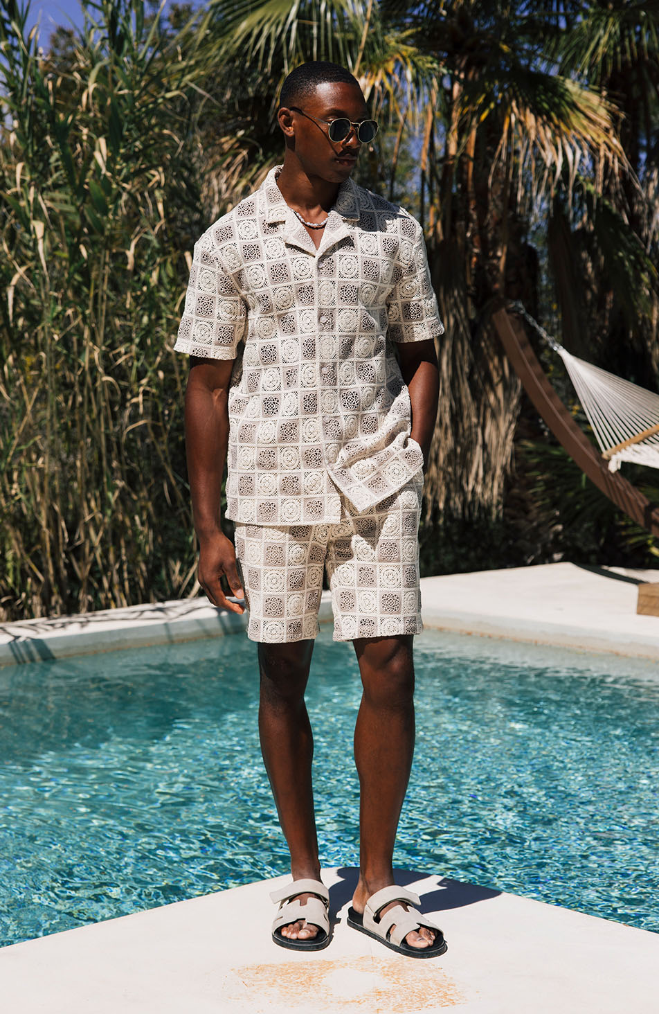 Tulum Checked Crochet Relaxed Fit Lined Shorts in Beige