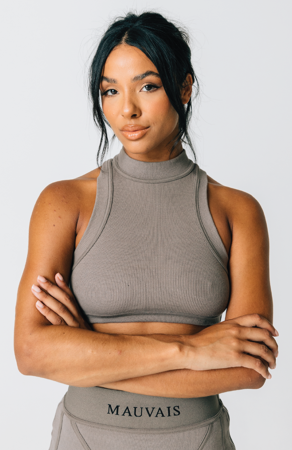 Mauvais Womens Kaia Ribbed Racer Crop Top in Grey