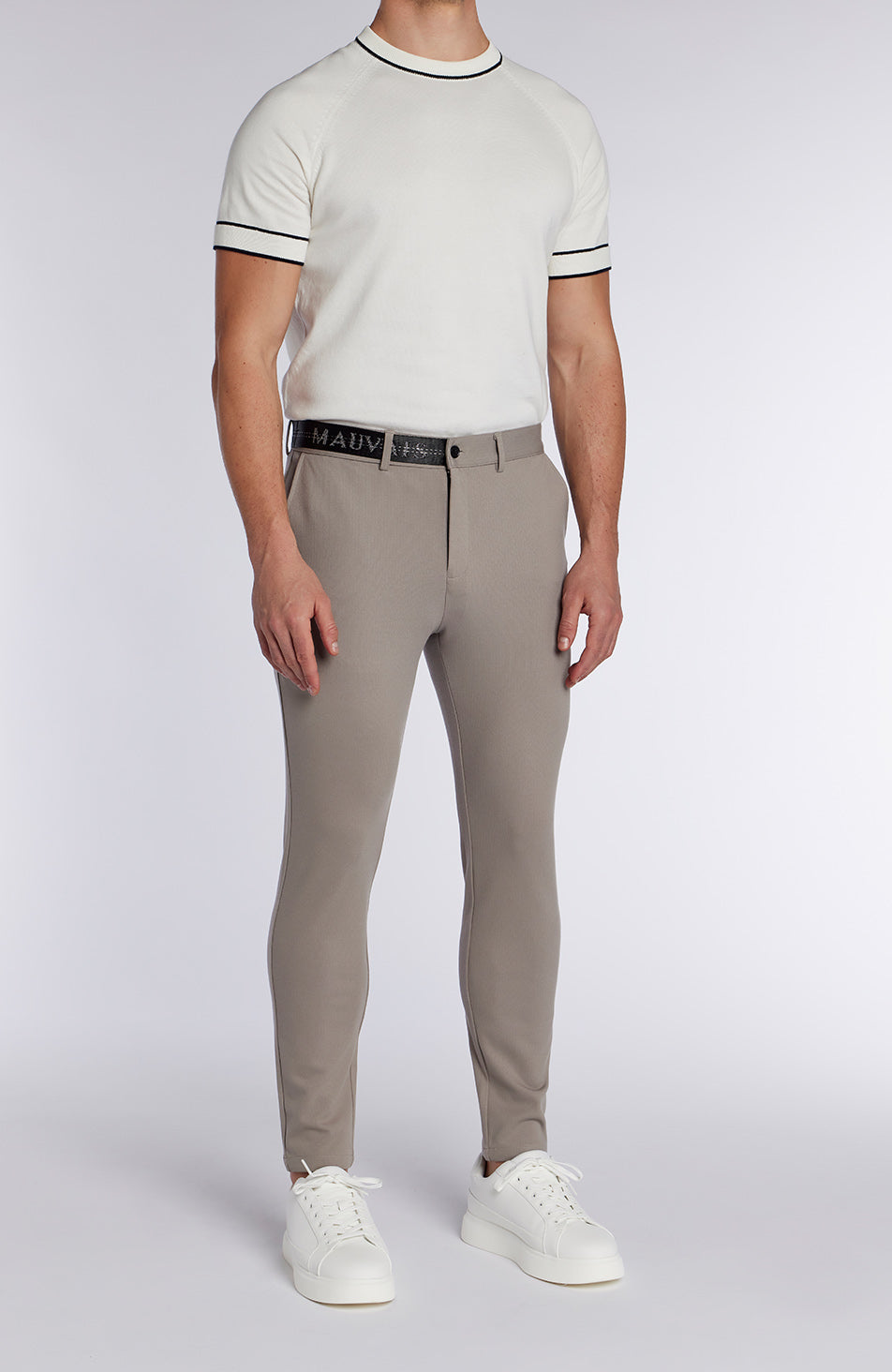 Monaco Trousers with Half Belt in Beige