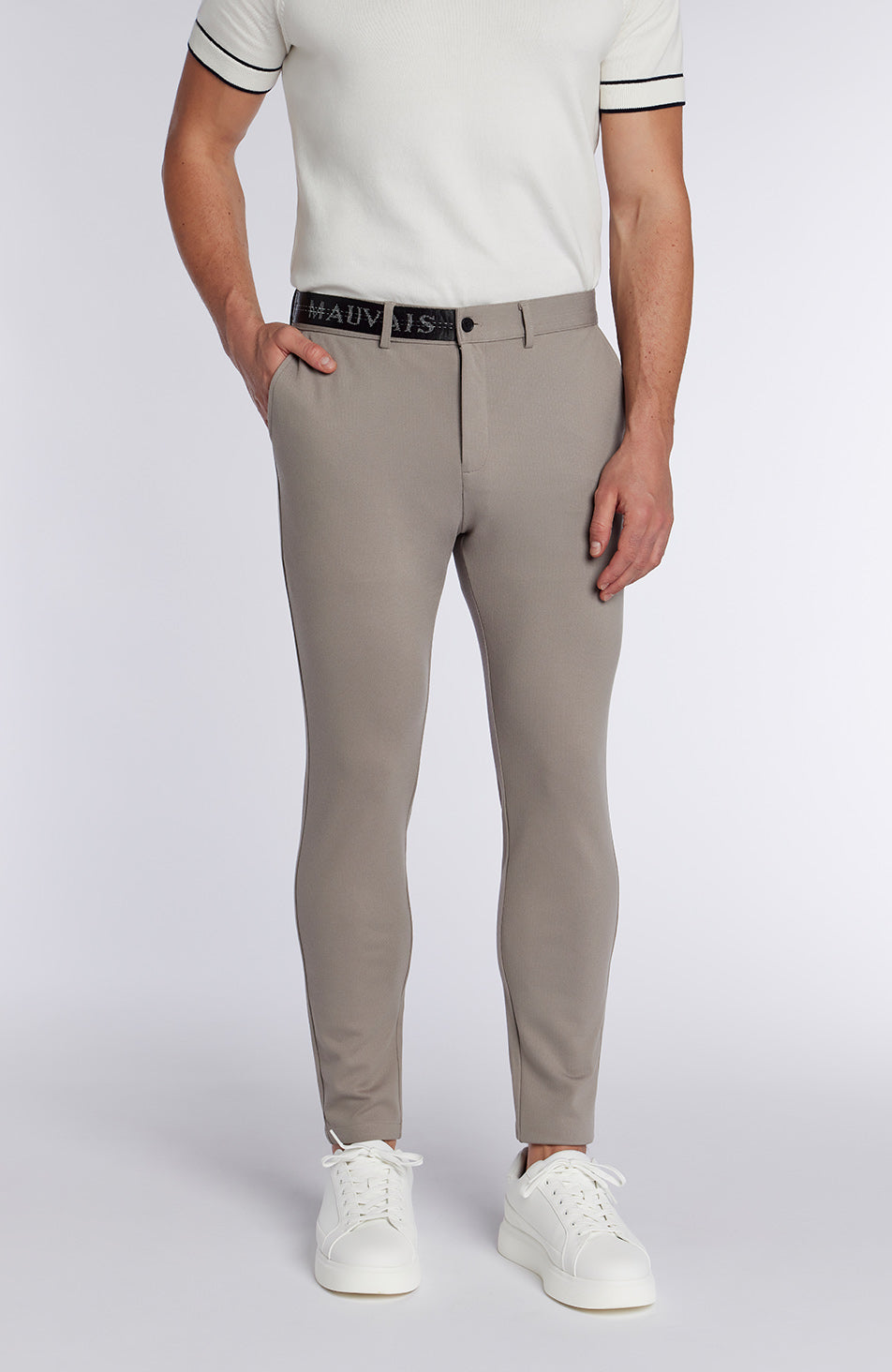 Monaco Trousers with Half Belt in Beige