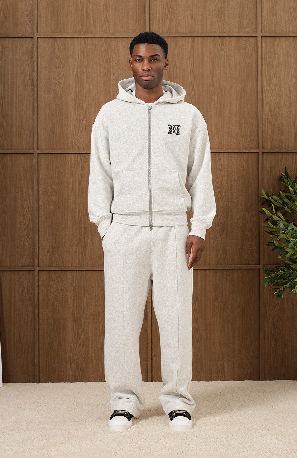 Embroidered Monogram Wide Leg Joggers in Grey Marl