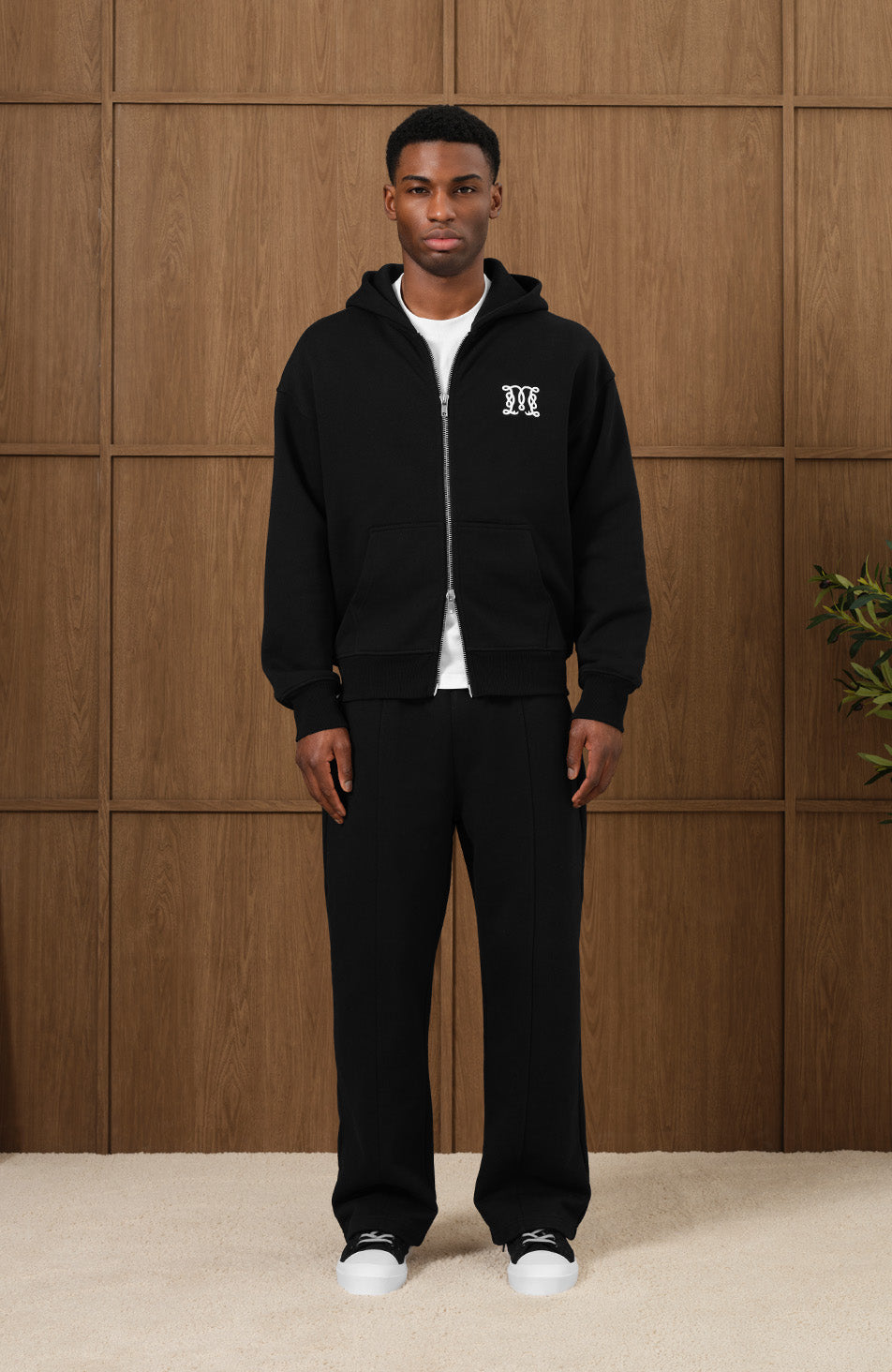 Embroidered Monogram Zip Through Hoodie in Black