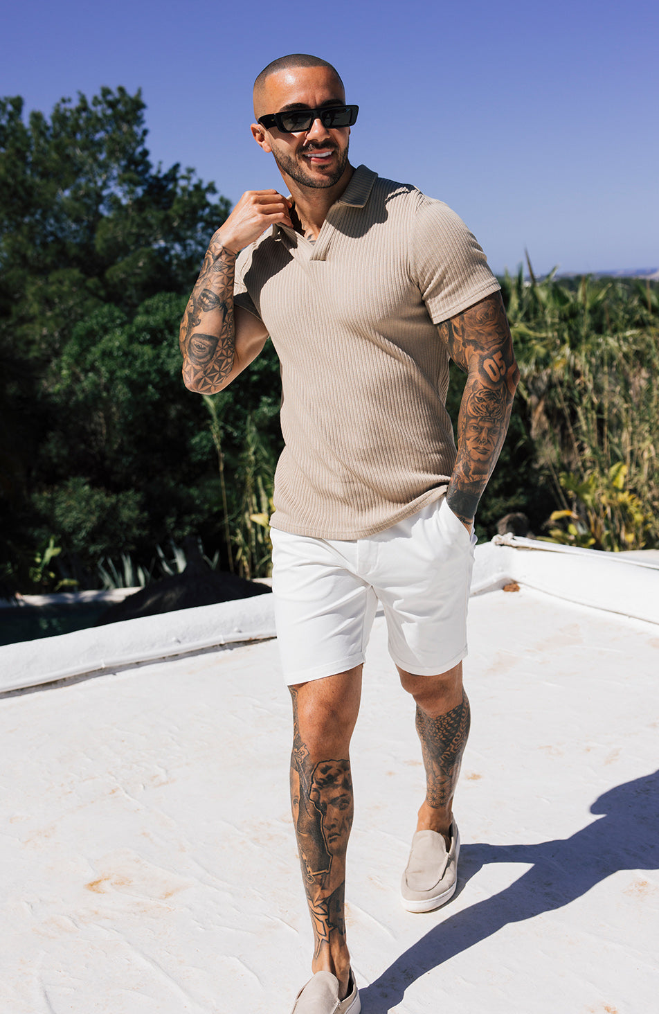 Elysee Slim Ribbed Revere Polo in Beige