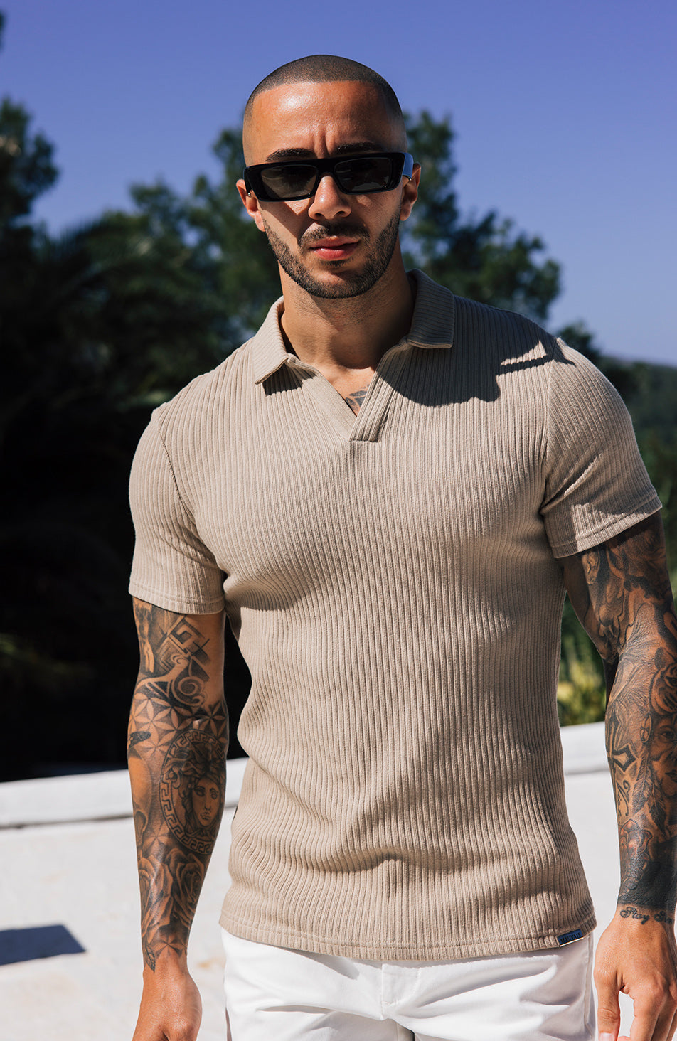 Elysee Slim Ribbed Revere Polo in Beige