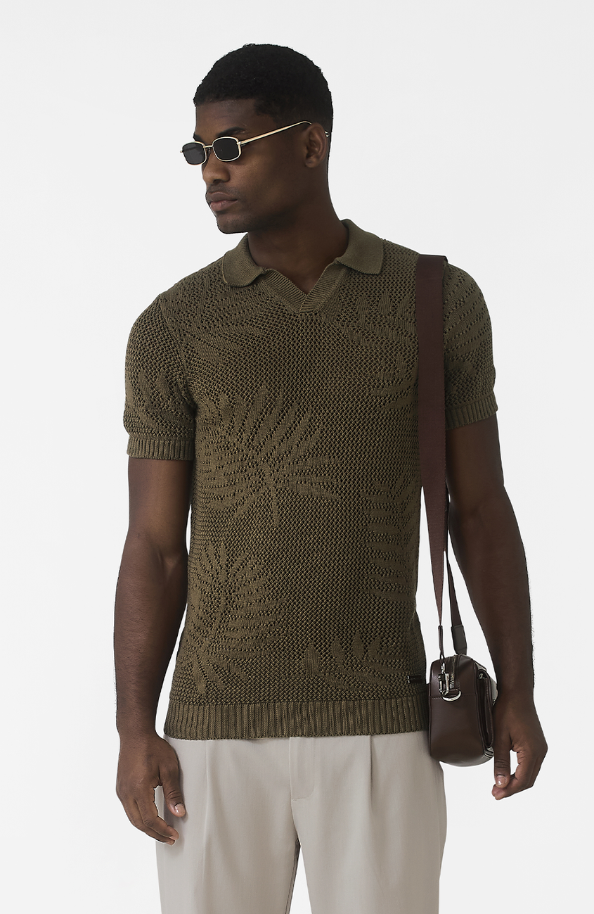 Tropics Relaxed Fit Crochet Knit Polo in Green