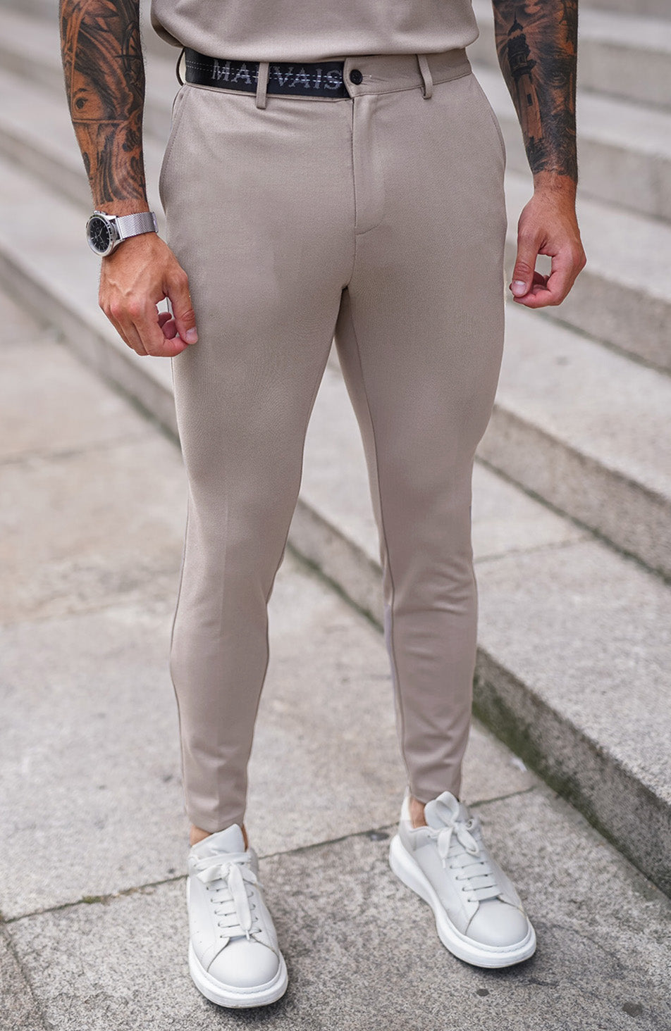 Signature Trousers with Half Belt in Monaco Beige