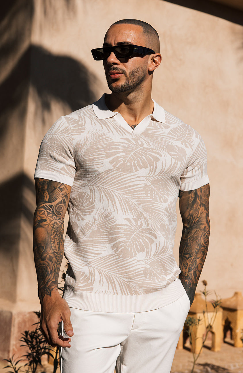 Palmas Jacquard Leaf Knit Polo in Beige