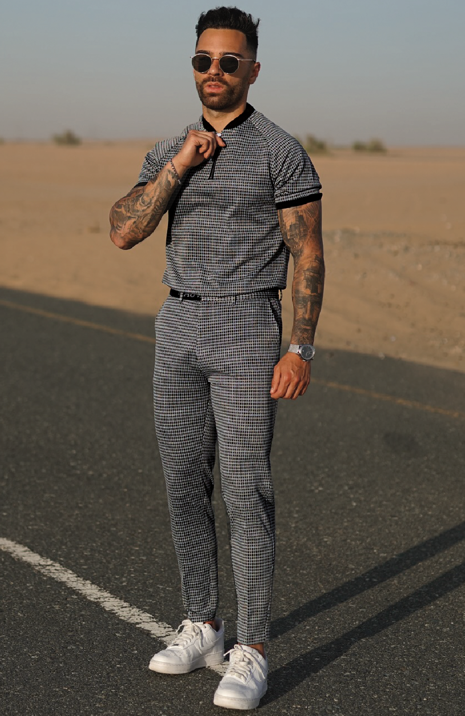 Check Trousers with Half Belt in Grey