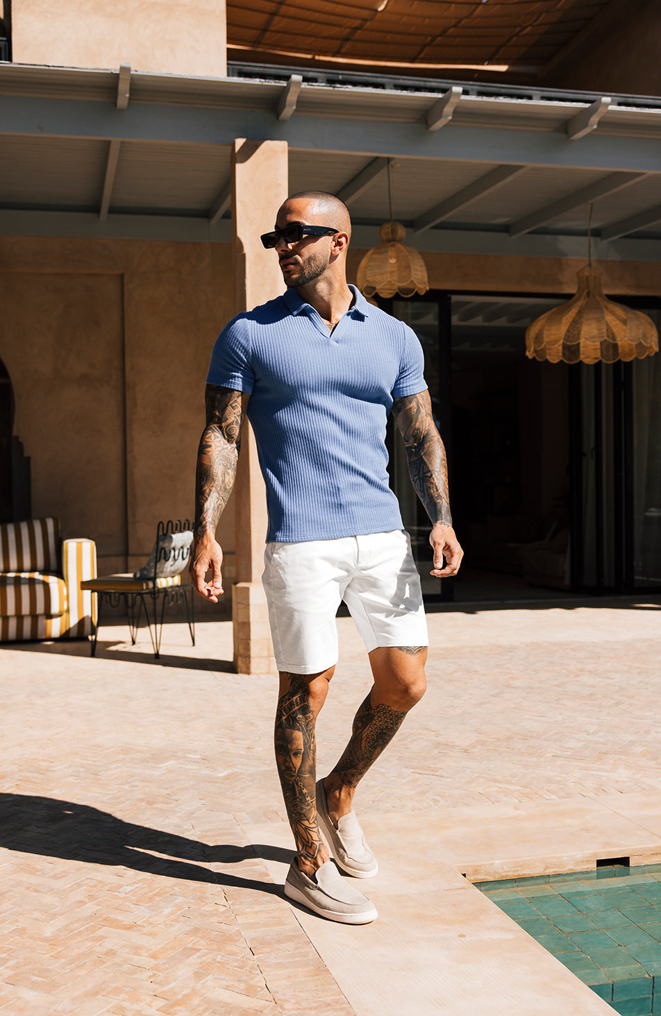 Elysee Slim Ribbed Revere Polo in Blue