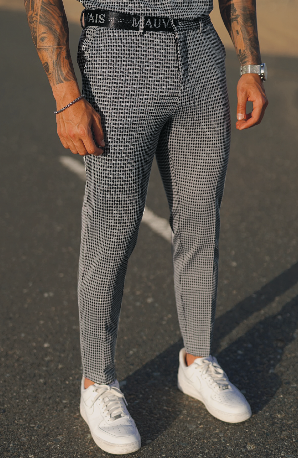 Check Trousers with Half Belt in Grey