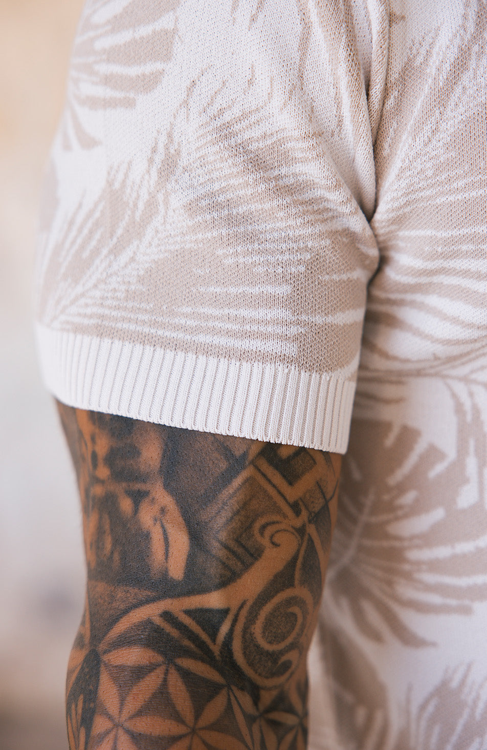 Palmas Jacquard Leaf Knit Polo in Beige