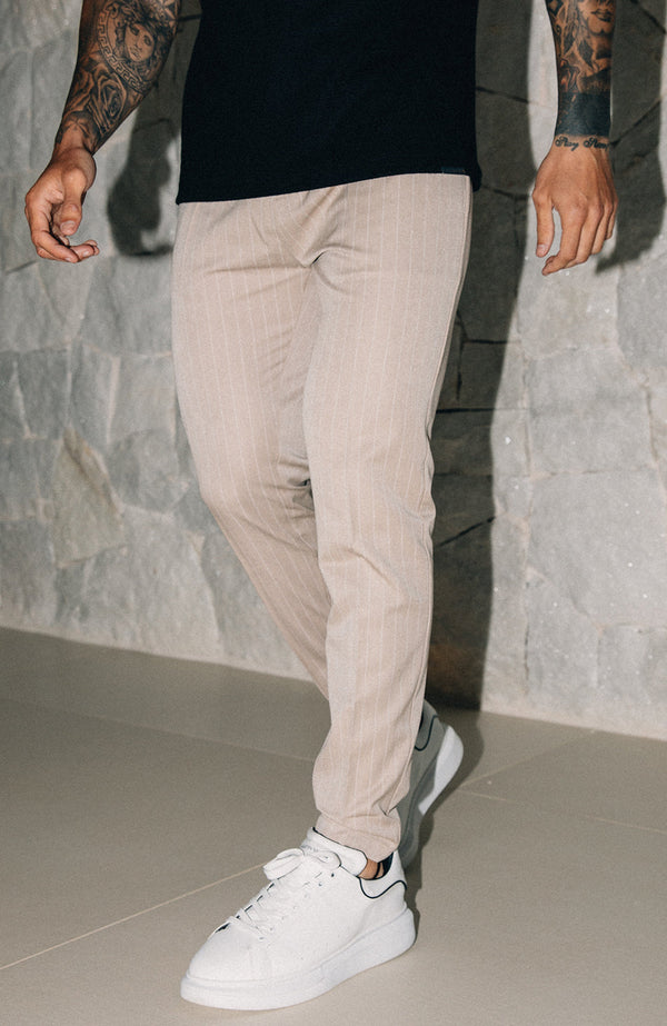 Pinstripe Trousers with Half Belt in Taupe