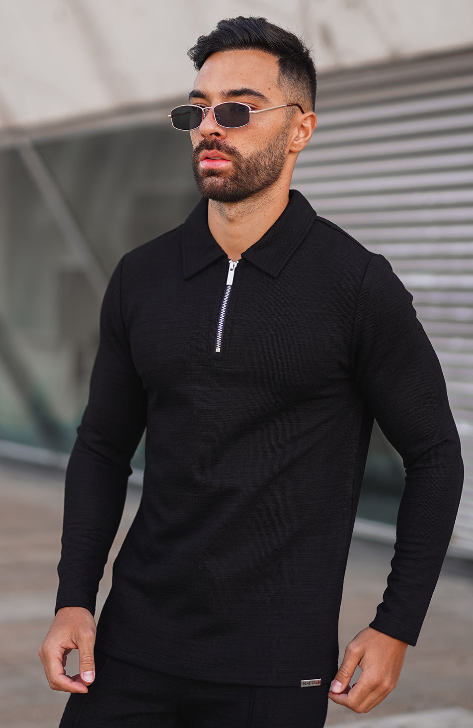 Premium Texture Long Sleeve Polo in Black