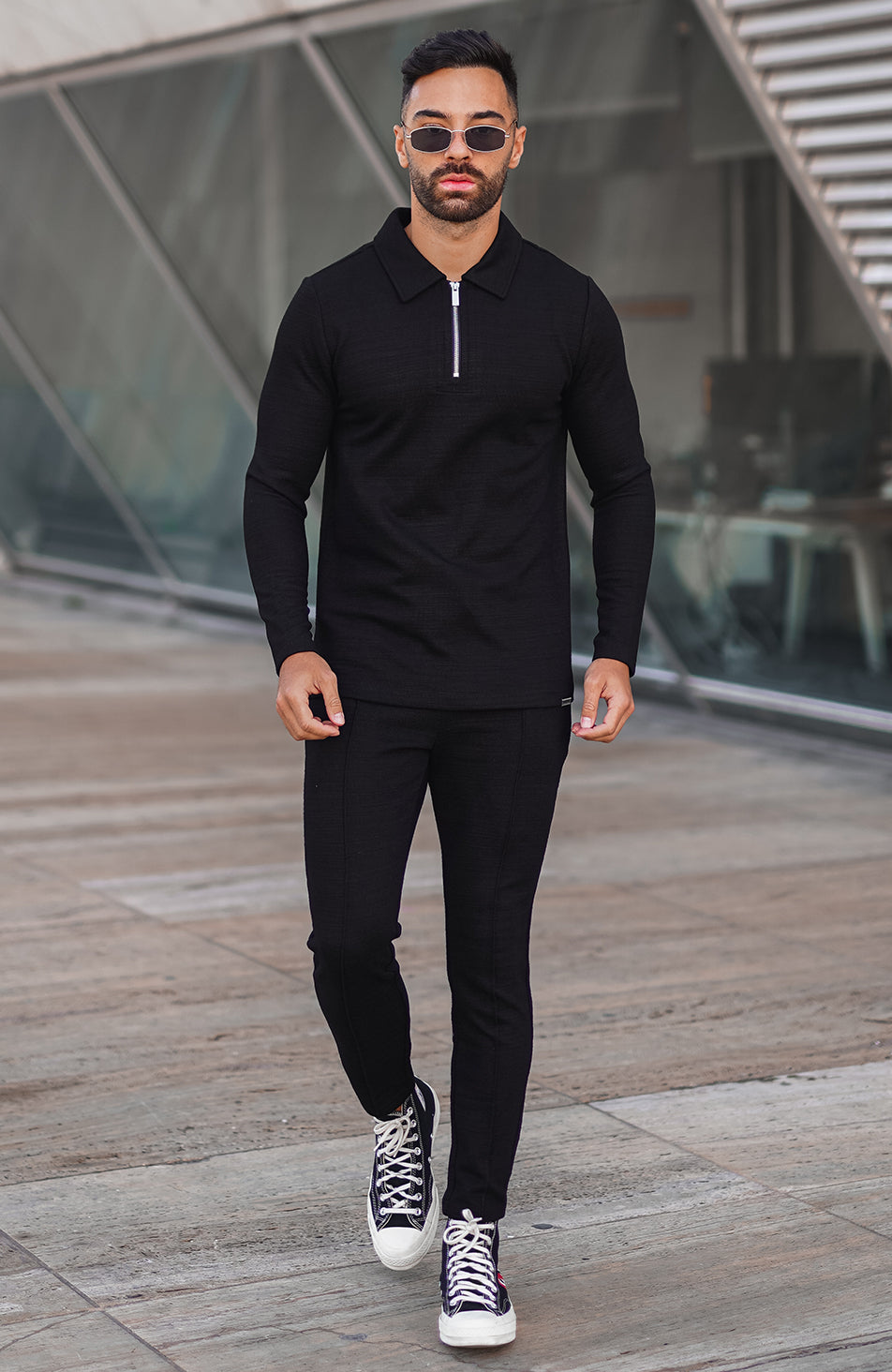 Premium Texture Long Sleeve Polo in Black