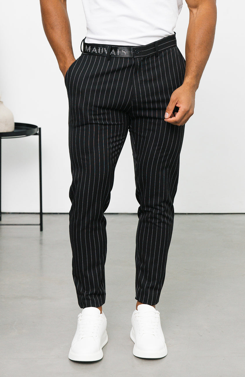 Pinstripe Trousers with Half Belt in Black