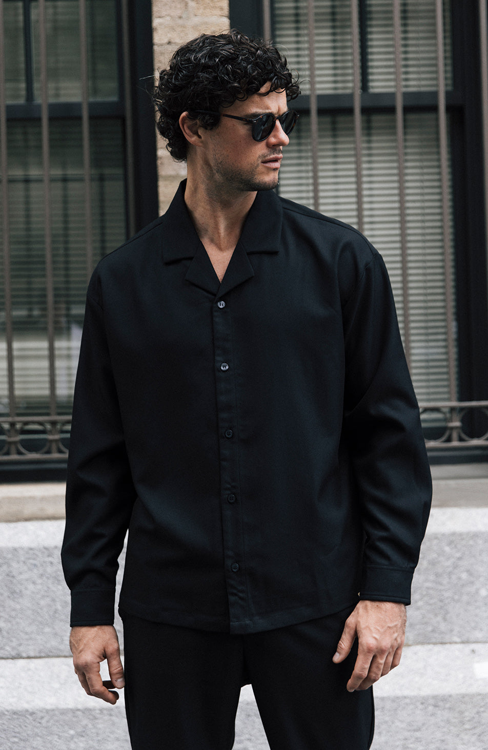 Deveron Oversized Long Sleeve Revere Shirt in Black